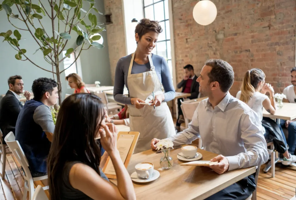 A waitress smiling as she serves food to happy customers at a bustling restaurant.